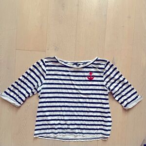 J. Crew Blue and White 3/4 Length Sleeve Cropped T-Shirt